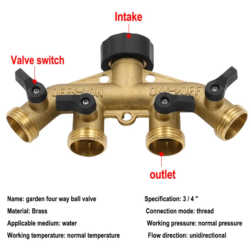 1Pcs 3/4&quot; 4-Way Brass Garden Hose Splitter Plastic Watering Connector Distributor For Outdoor Tap and Faucet Watering Irrigation