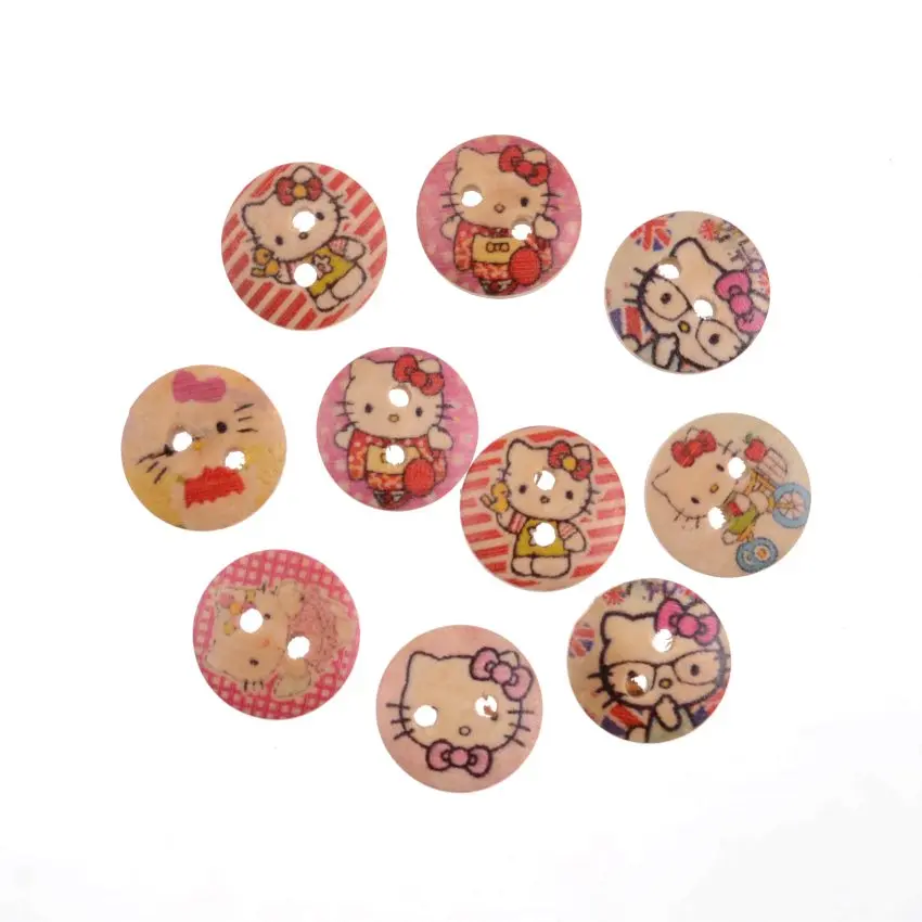Free Shipping Retail 20Pcs Random Mixed 2 Holes Round Cat Kitty Pattern Wood Sewing Baby Buttons Scrapbooking 15mm