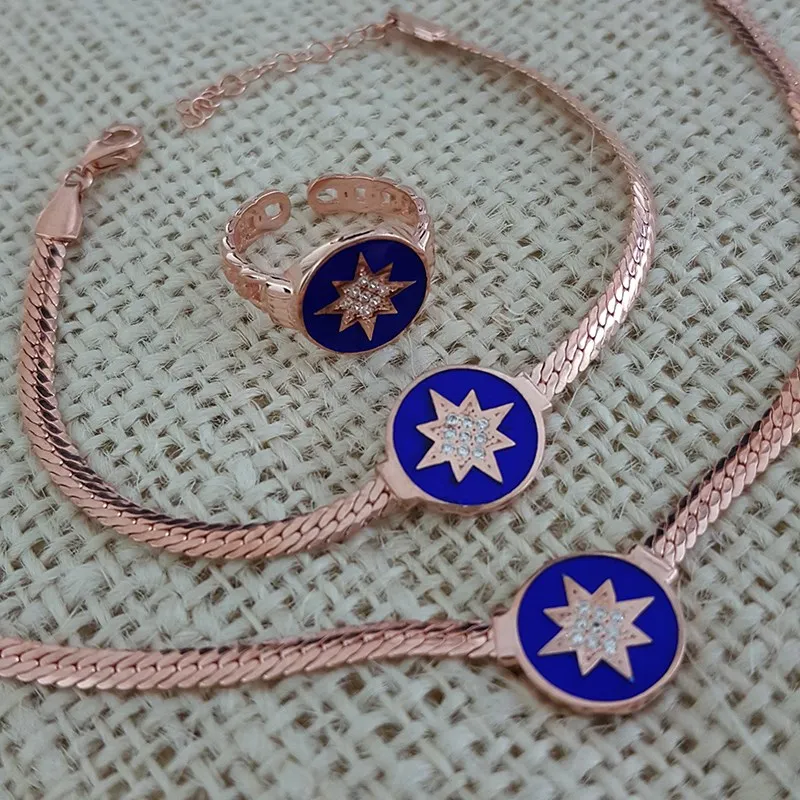 North Star Set Rose Gold Plated 925 Silver Blue Enamel Star Ring Bracelet Necklace Set