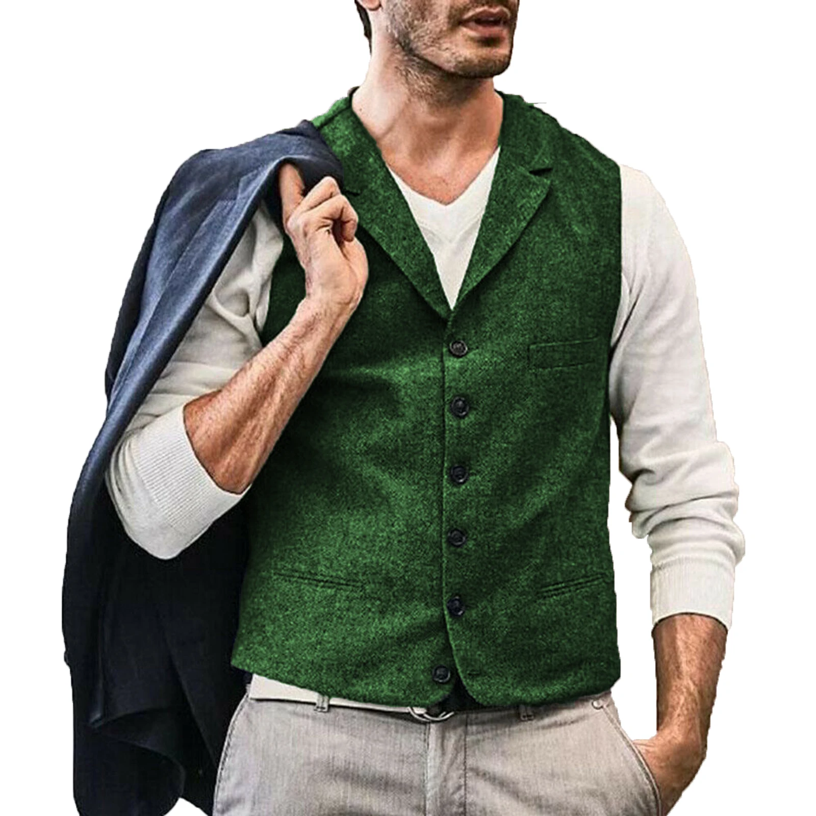 

Green Waistcoat Lapel Wool Herringbone Retro Tooling Vest Best Man Casual Formal Business Groomman For Wedding Working