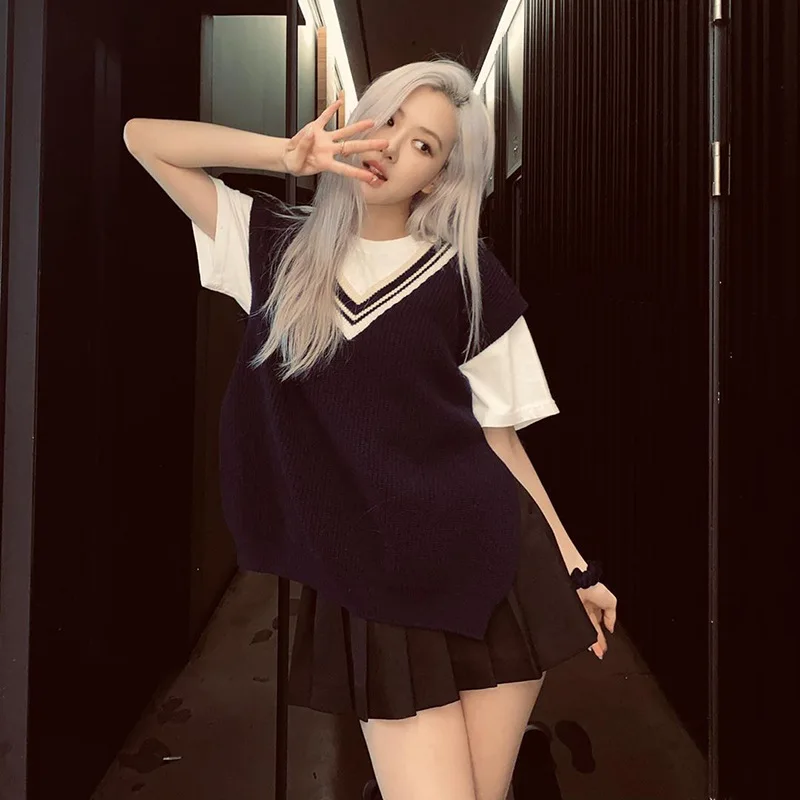 kpop Korean Singer ROSE Autumn fashion V-neck knit vest and white tshirt tops+black high waist mini pleated skirt women outfits