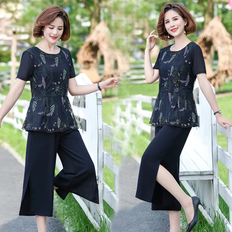 

2021 Summer Women's Embroidery Suit 2 Pieces Set Ladies Vintage Floral Mesh Blouse with Split Wide Leg Pants Two Pieces