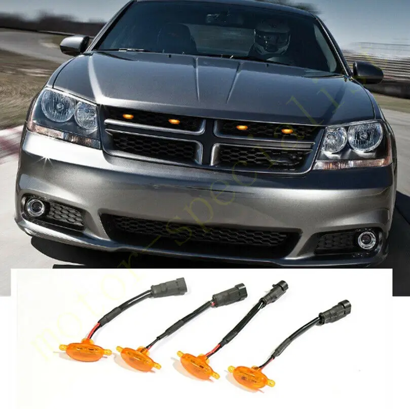 

LED Car Front Grille LED Amber Light Raptor Style Light Kit Decor W/ Wire Speed 4Pcs For Dodge Avenger 2011-2014