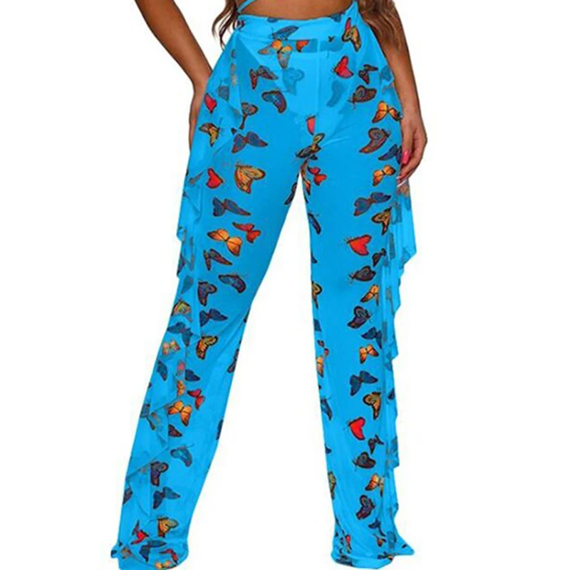 Women\'s Butterfly Print Ruffle Full Pants Mesh See-through Loose Wide Leg Trousers Fashion Casual Daily Sexy Transparent Pants