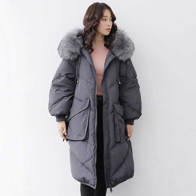 

Jacket Grey Duck Down Woman Hooded Fur Long Coat Winter Korean Parka Womens Down Jackets Brands Campera Mujer KJ475