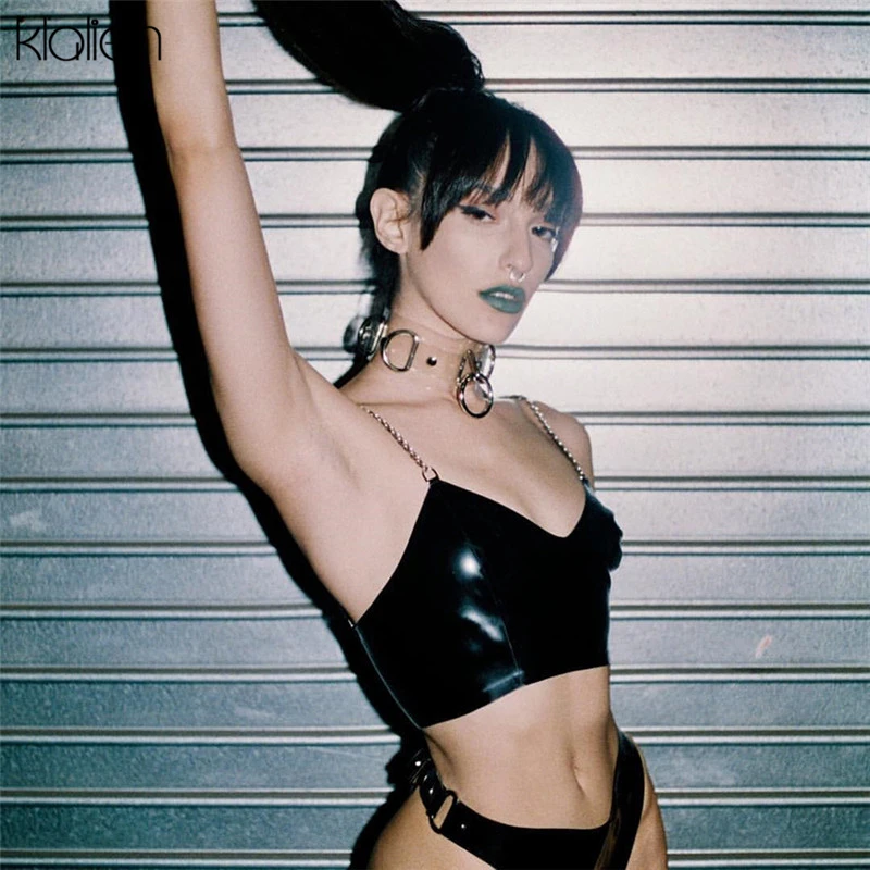 

Топ женский из искусственной кожи, с V-образным вырезом, на молнии сзади, металлический ремешок-цепочка