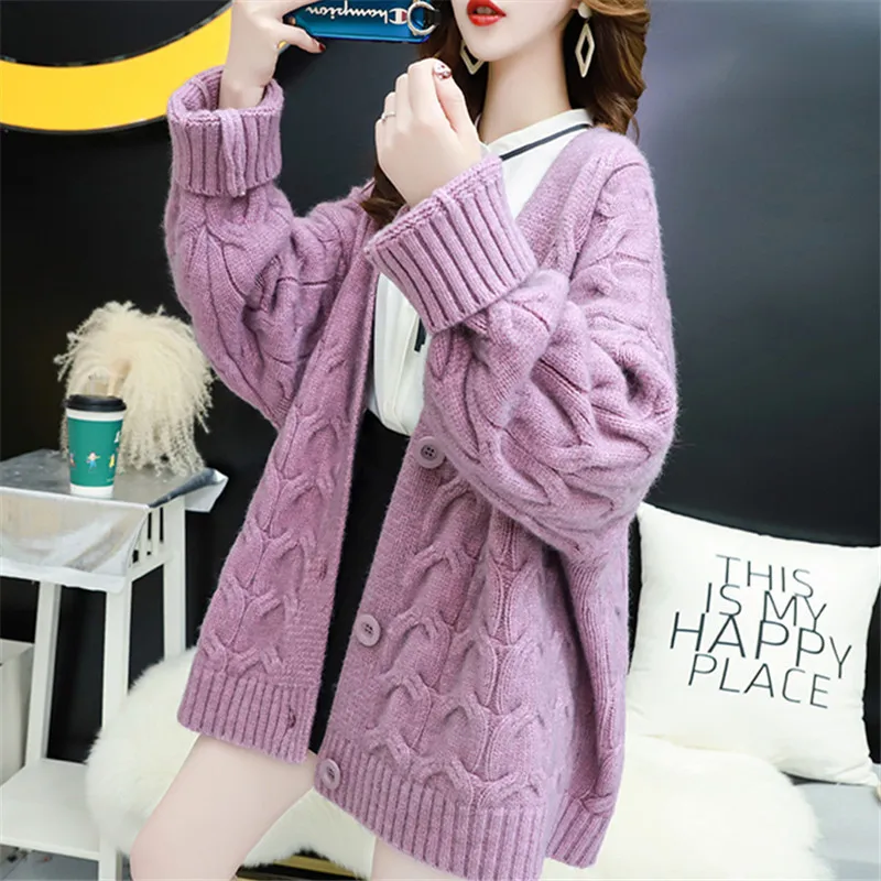 

Autumn Winter Thick Warm Long Sleeve Knitted Cardigan Women Sweater 3 Color Korean Fashion Loose Long Knit Jacket Coat Female