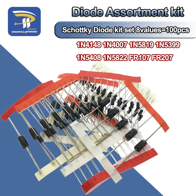 Kit assressentide diodes Schottky à commutation rapide, ensemble de bricolage, 1N4148, 1N4007, 1N5819, 1N5399, 1N5408, 1N5822, FRknit FR207,8 valeurs = 100 pièces