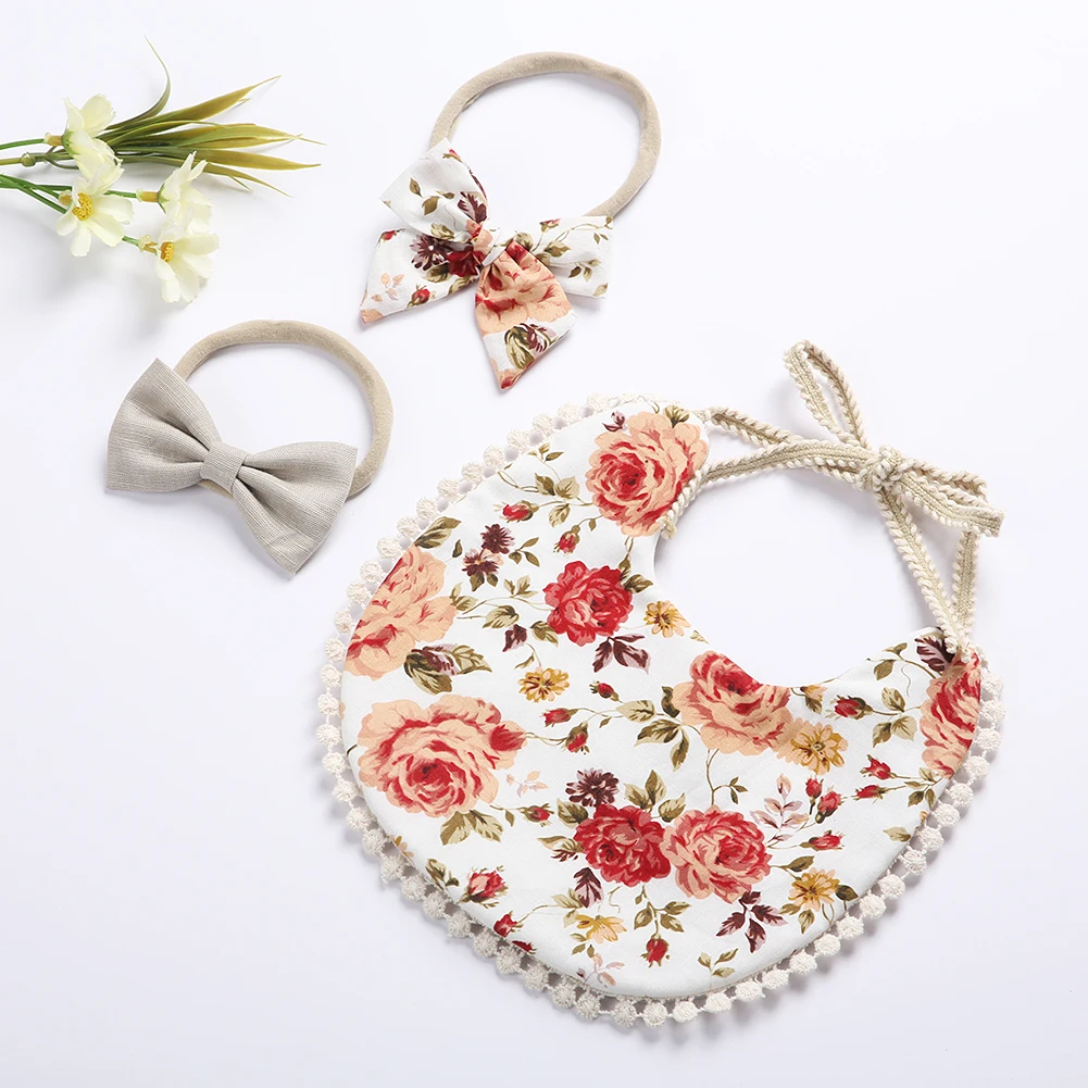 Diadema con borla para bebé, toalla de Saliva con estampado Floral, Baberos de doble cara para recién nacido, Bandana para eructar, ropa de alimentación, 3 piezas