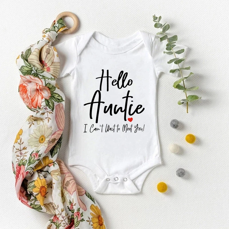 

Hello Auntie I Can't Wait to Meet You Baby Bodysuit Funny Pregnancy Announcement Clothes Baby Romper Onesie Boy Girl Shower gift