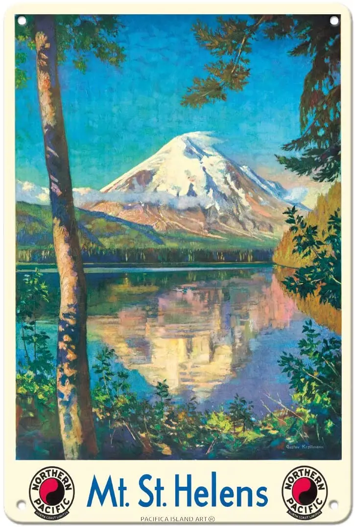 Pacifica Island Art Mt. St. Helens - Spirit Lake, Washington Cascade Mountain - Vintage Railroad Travel Poster by Gustav Wilhelm