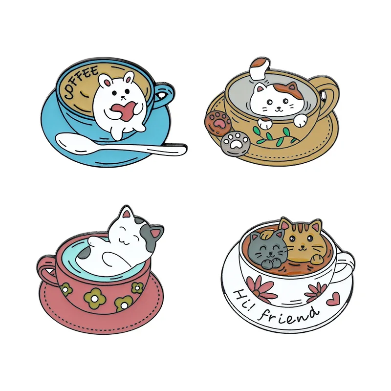 Cat coffee cup brooch, cute cartoon cup cat pin, alloy paint enamel collar cat badge wholesale, gift for friends