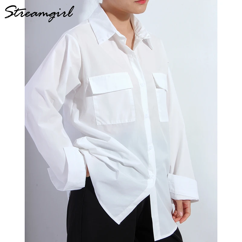 White Shirt For Women Oversize 2022 Black Loose Tunics Cotton Fashion Woman Blouses 2022 Women\'s Oversized Shirt With Pocket