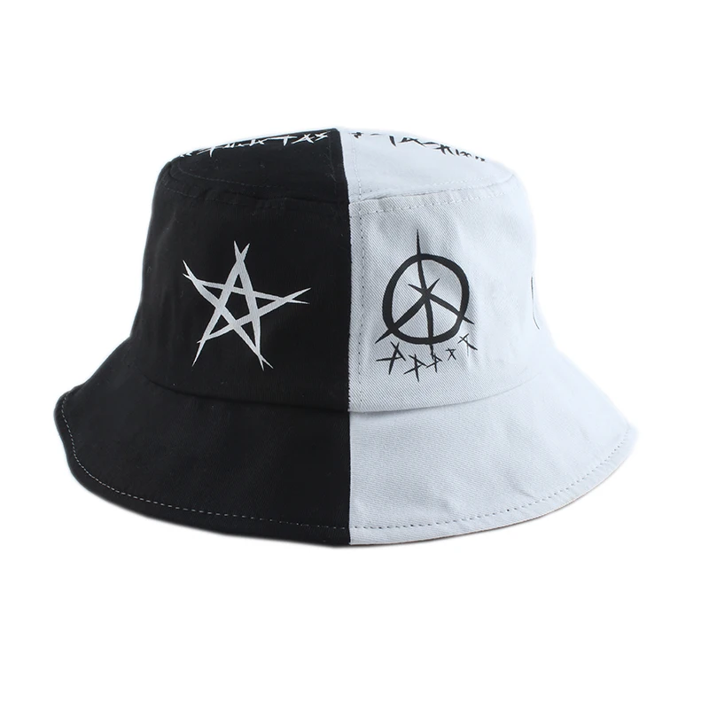 Chapéu de pescador harajuku unissex, chapéu de pescador para o ar livre, preto e branco, patchwork, hip hop, para homens e mulheres