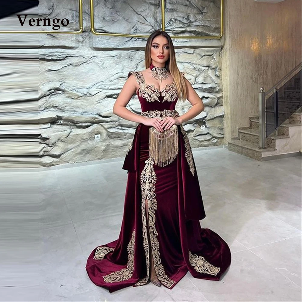 Verngo abiti da sera a sirena in velluto bordeaux scuro treno staccabile Sweetheart Lace Applique Dubai caftano abiti da ballo per donna