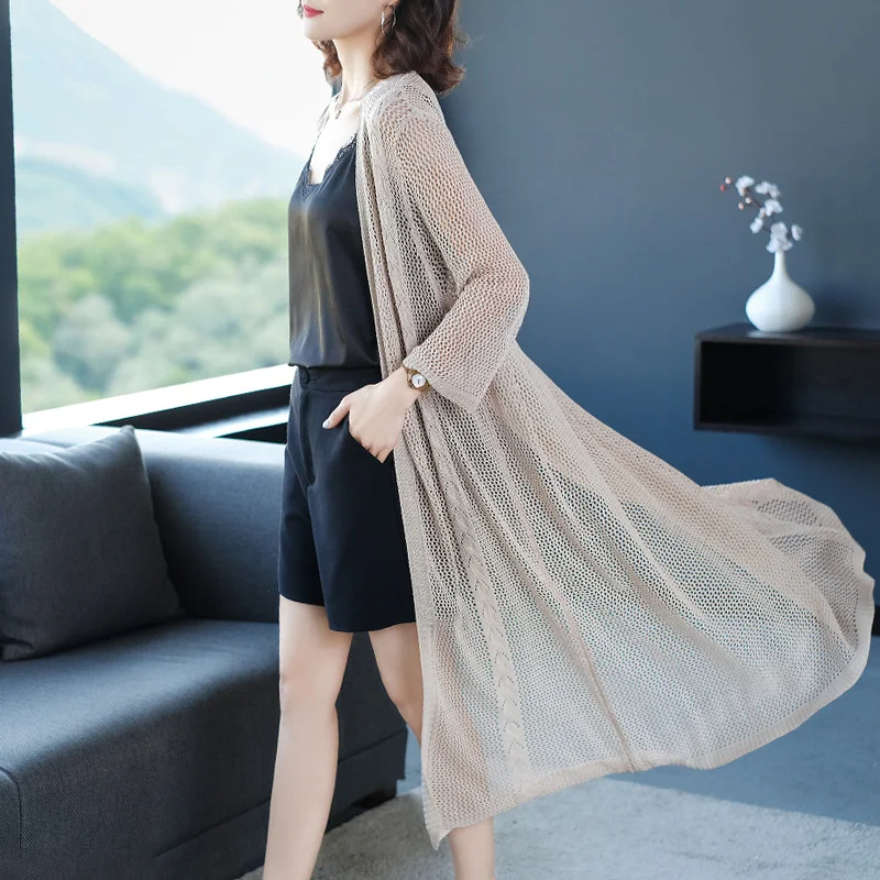 

Women Summer Spring Cardigan Long Knitwear Elegant Female Hollow Out Knit Cardigan Outwear