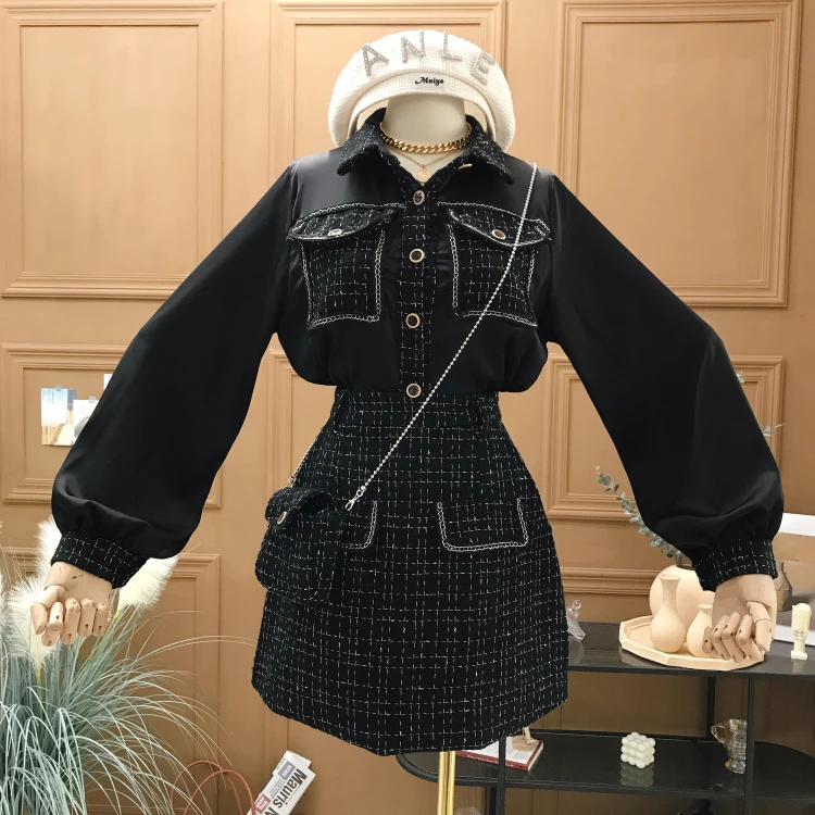 Fall 2020 New Two piece set Women Tweed Patchwork Lantern sleeve Chiffon Shirt and Woolen A-line Skirt Suits With free bag