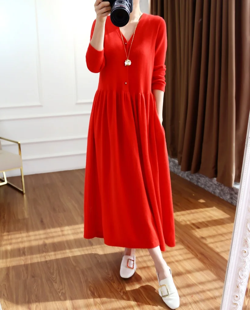 2021 Autumn And Winter New V-Neck100% Wool  dress female Temperament Long Paragraph OverThe Knee Big Dress Long Girl Clothes