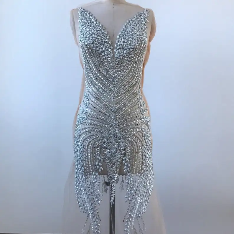 Gorgeous Rhinestone Applique On Mesh, Super Large Bodice Patch, Beaded Applique, Haute Couture Dress Applique