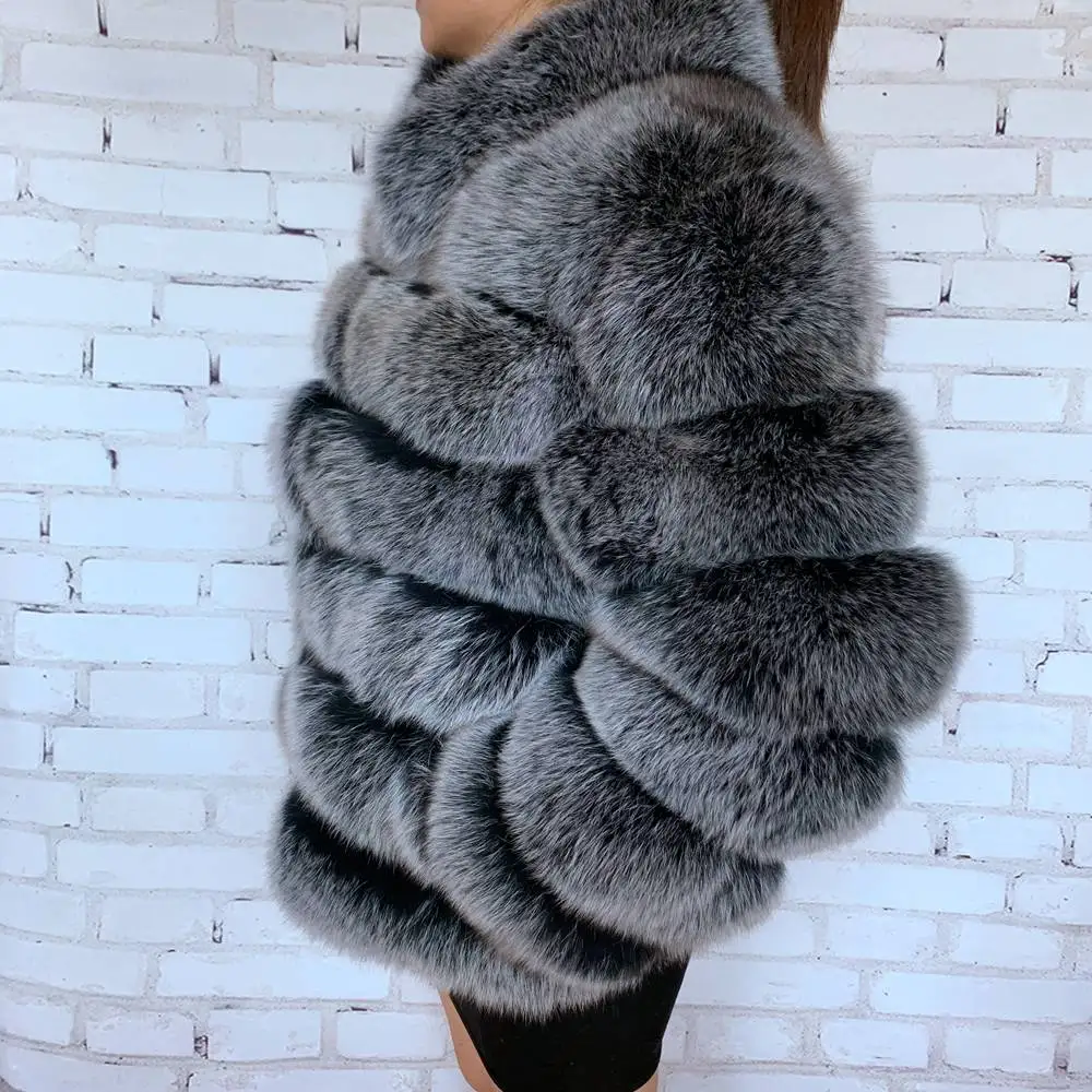 NEW Black frost color Real Fox Fur Coat For Women With Stand Collar Thick Warm Winter Genuine Fox Fur Jacket High Quality Fur