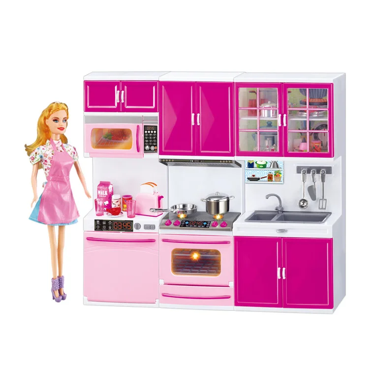 NEW 3 in 1 36.9*6.8*31.3CM with Cute Doll Figure Pretend Play Toys Kitchen Stove Sink Dollhouse Girl Gift  1/12 Accessories