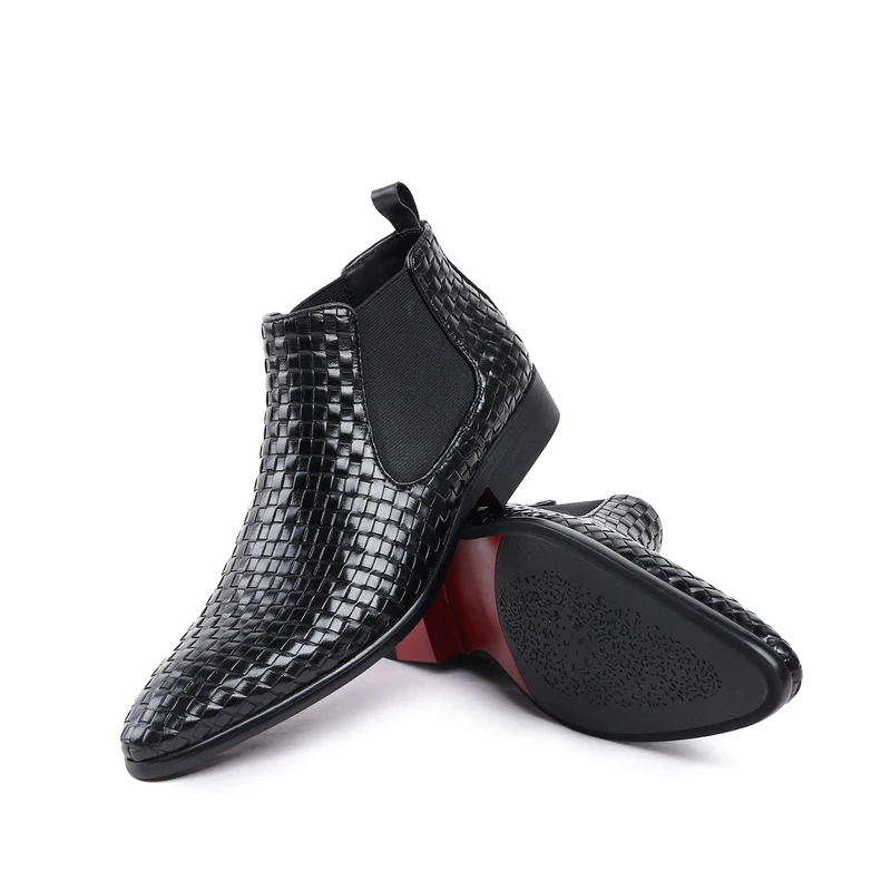 Sipriks Genuine Leather Black Woven Boots For Men Pointed Toe Chelsea Boots Work Boots Luxury Male Wedding Shoes