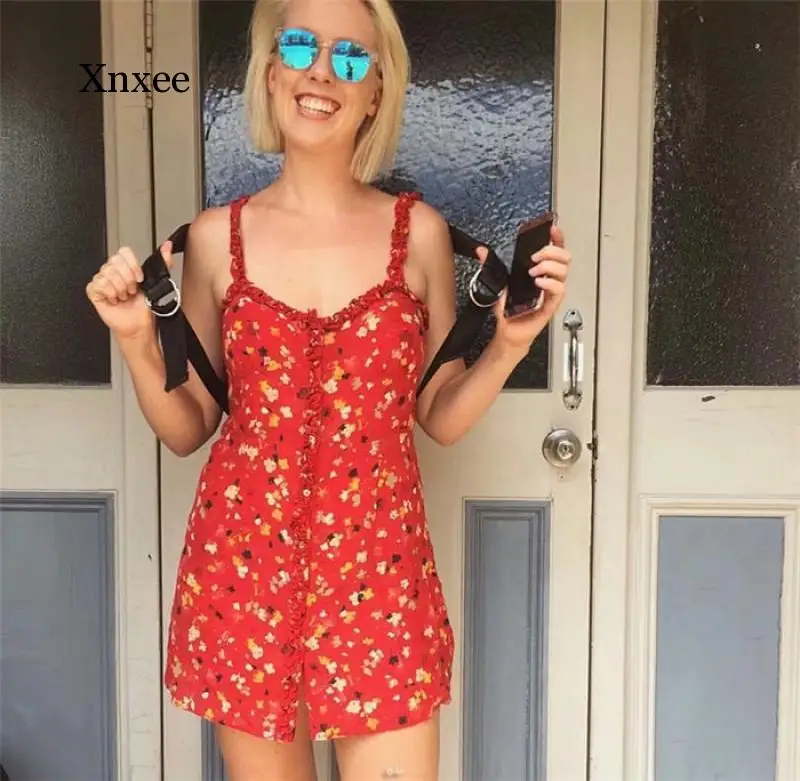 

Sexy Ruffles Floral Print Summer Dress Strap Bohemian Beach Red Vintage Party Dress 2018 New Short Robe Femme Hiver