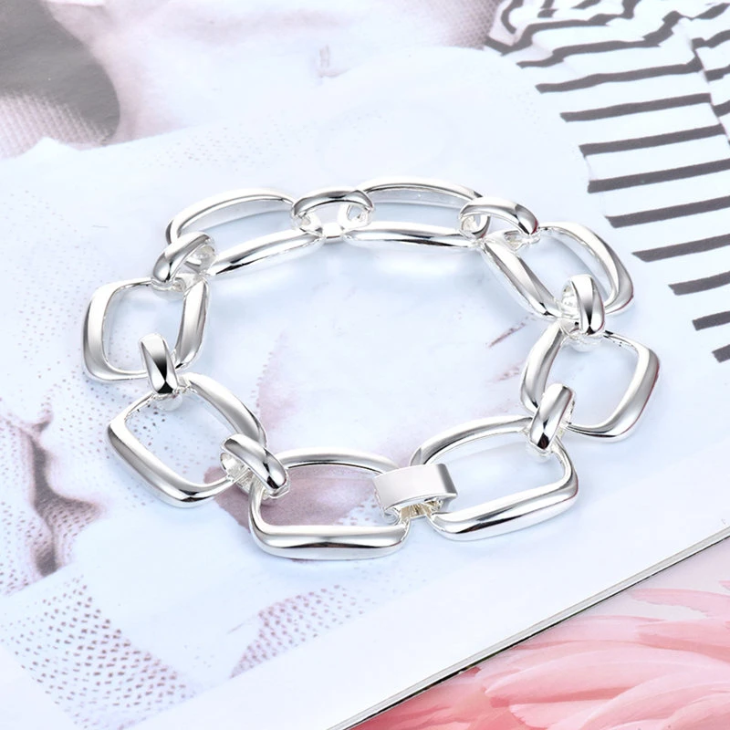 Silver Plated Bracelets for Women Square Geometric Link Chain Bangles Pulseira Femme Wristband Trendy Jewelry Accessories