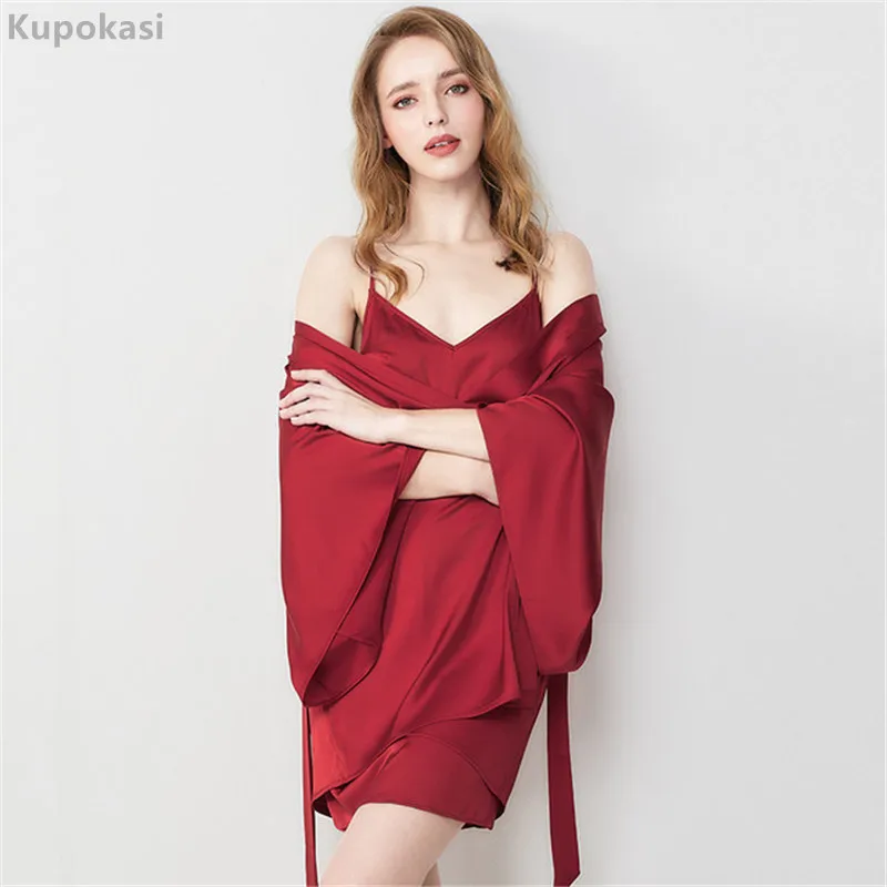 Kupokasi Women 2 Pcs Pajamas Set Satin Silk Soild Color Nightgown Sexy Pyjamas Summer Female Sleepwear Robe Nightdress