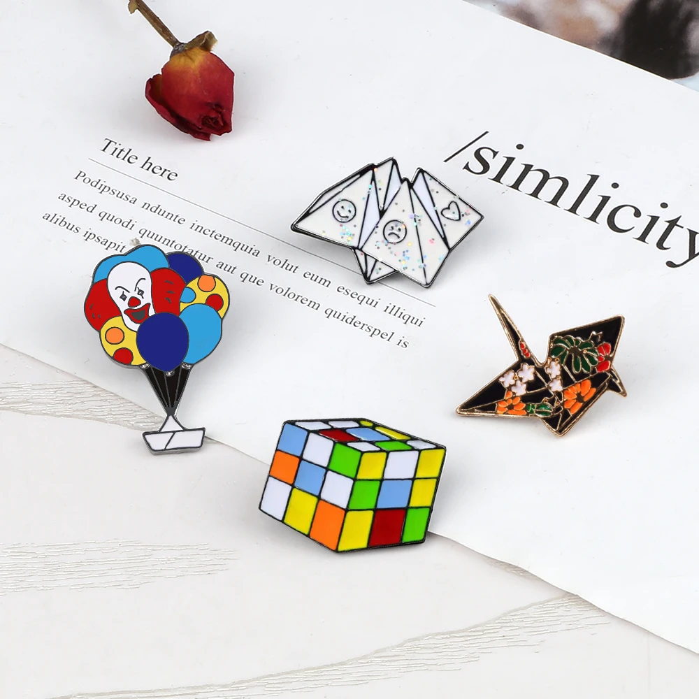 Fun Games Enamel Pins Cute Balloon Clown Rubiks Cube Origami Crane Kids Friends Brooch Costume Lapel Pin Badge Fashion Jewelry