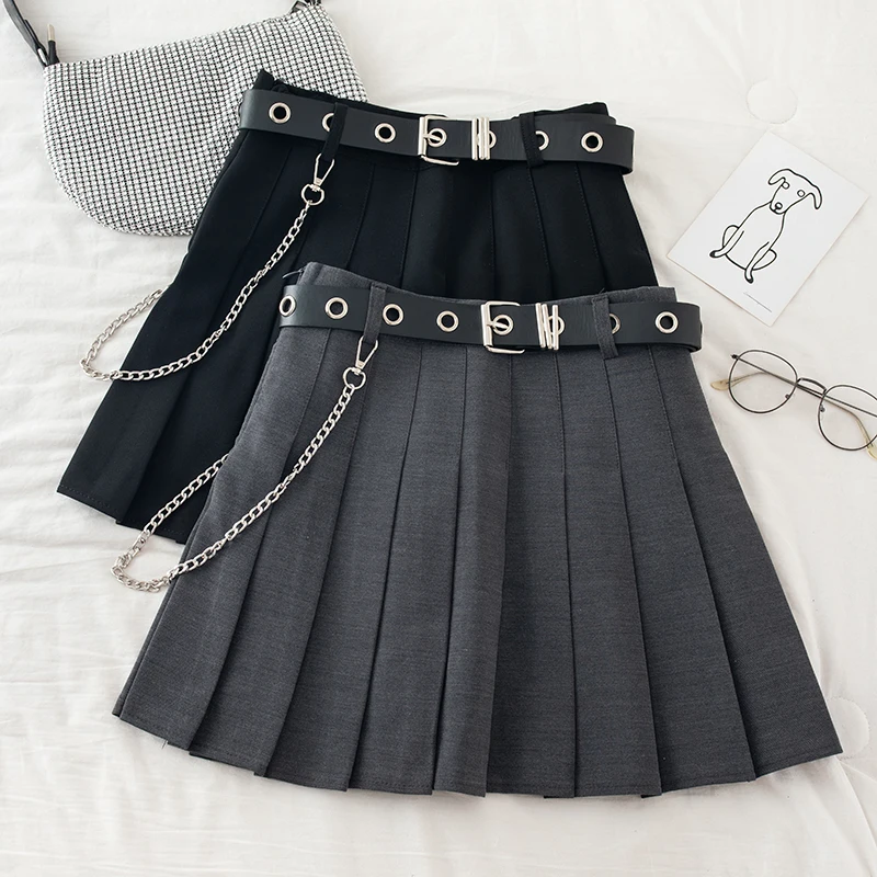 Black Pleated Skirt with Chain-Belt Punk Rock Girl Cheerleading Belted Mini Skirt Alt Women E-girl Outfit