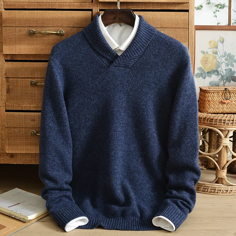 Pure cashmere sweater men\'s lapel sweater winter double-strand thick middle-aged warm solid color knitted bottoming shirt