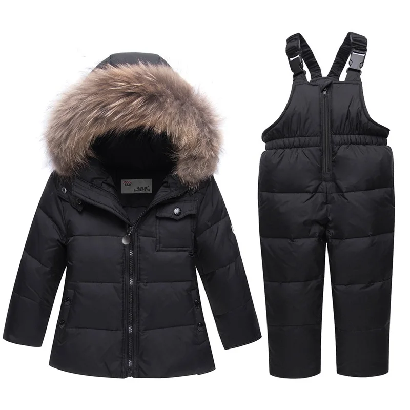 New Winter Boy Girl Ski suit Baby Winter Warm Clothes Sets  Snowsuit Children Fur Hooded Down Jacket Coat 5 Colors