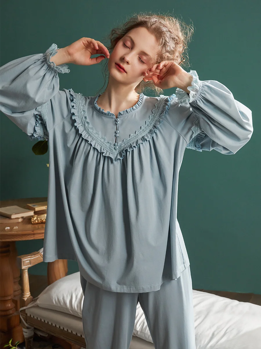 

Hanxiuju Spring Autumn Royal Vintage Pajamas Sets For Lady Soft Cotton Long Sleeve Sleepwear Comfortable Home Clothes