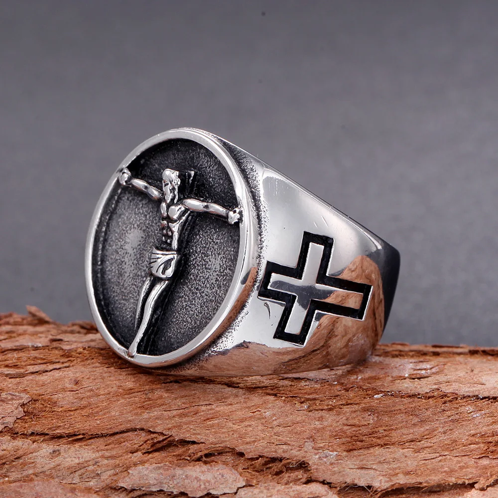 316L Stainless Steel Men Rings Religion Christian Jesus Good Friday Ring Cross Ring Punk Rock for Male Boyfriend Jewelry Party