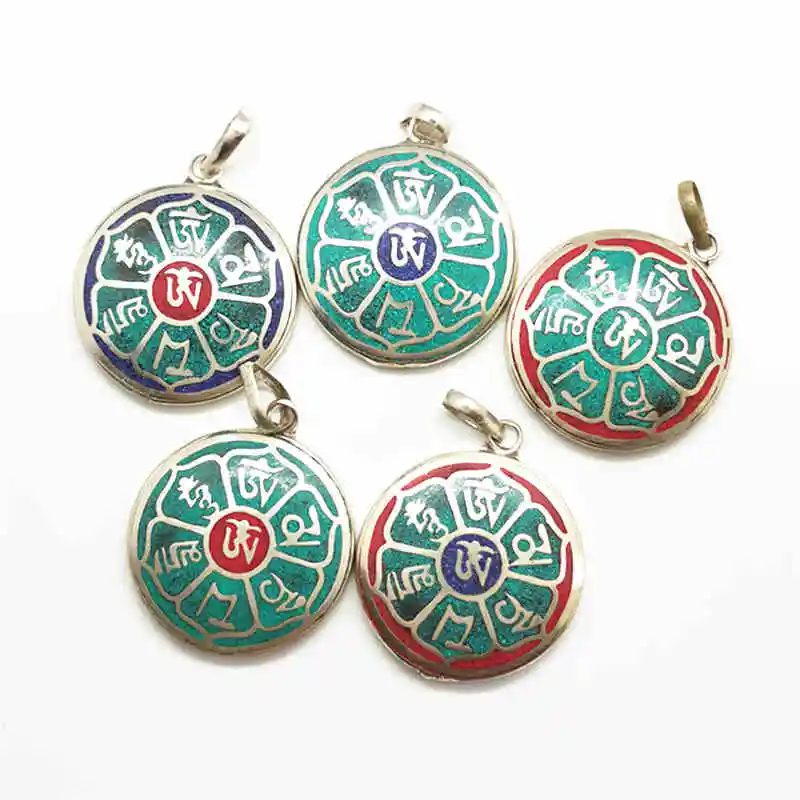 Tibetan Jewelry Pendants Mantra Amulets Copper Inlaid Stone Round Pendant OM MANI PADME HUM TBP430