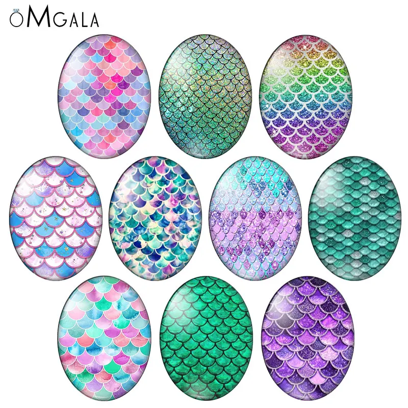 

Shiny Gliter Fish Scale Patterns 10pcs mixed 13x18mm/18x25mm/30x40mm Oval photo glass cabochon demo flat back Making findings