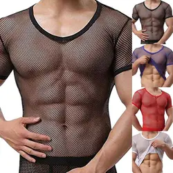 Sexy Men Mesh przepuszczalność T-Shirt kabaretki Hollow Clubwear Streetwear wykonaj męski krótki rękaw Top podkoszulek topy Tee