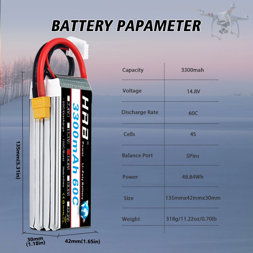 HRB 1/2 Packs Lipo Battery 4S 14.8V 3300mah 60C T/Deans Plug XT60 Connector For Remote Control Drone Car Turck Boat Airplane