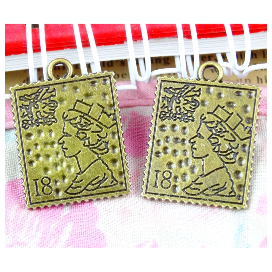 30Pcs/lot Antique Bronze Plated Girl Postage stamp Charms 25.5*18.9MM Girl Charms for Jewelry Making