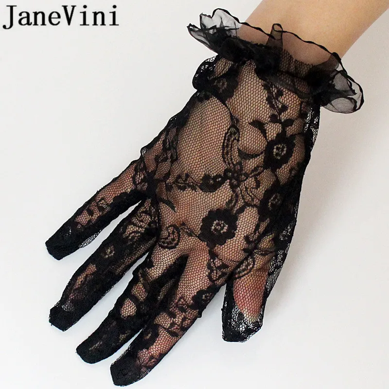 JaneVini Luvas de Noite Preto Sexy Sheer Rendas Dedo Cheio Luvas de Noiva Curto Pulso Comprimento de Casamento Nupcial Luvas gants mariee Novo