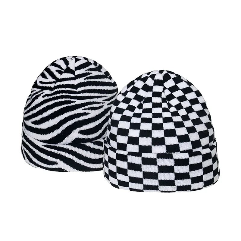 Trendy Autumn Winter Hats Black White Check Zebra Leopard Beanie Hats Warm Cap Hats Hip Hop Knitted Caps Bonnets For Women Men