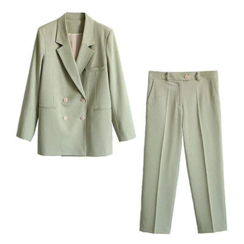 Vintage Light Green Women Suits Double Breasted Female Pant Suits Blazer Jacket & Pencil Pant Casual 2 Pieces set femme 023