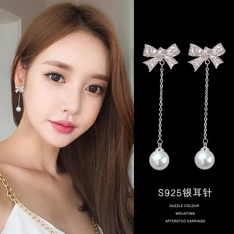 

New Bow Knot Earrings Female Wild Pearl Temperament Simple Long Earrings Party Female Fashion Accessories