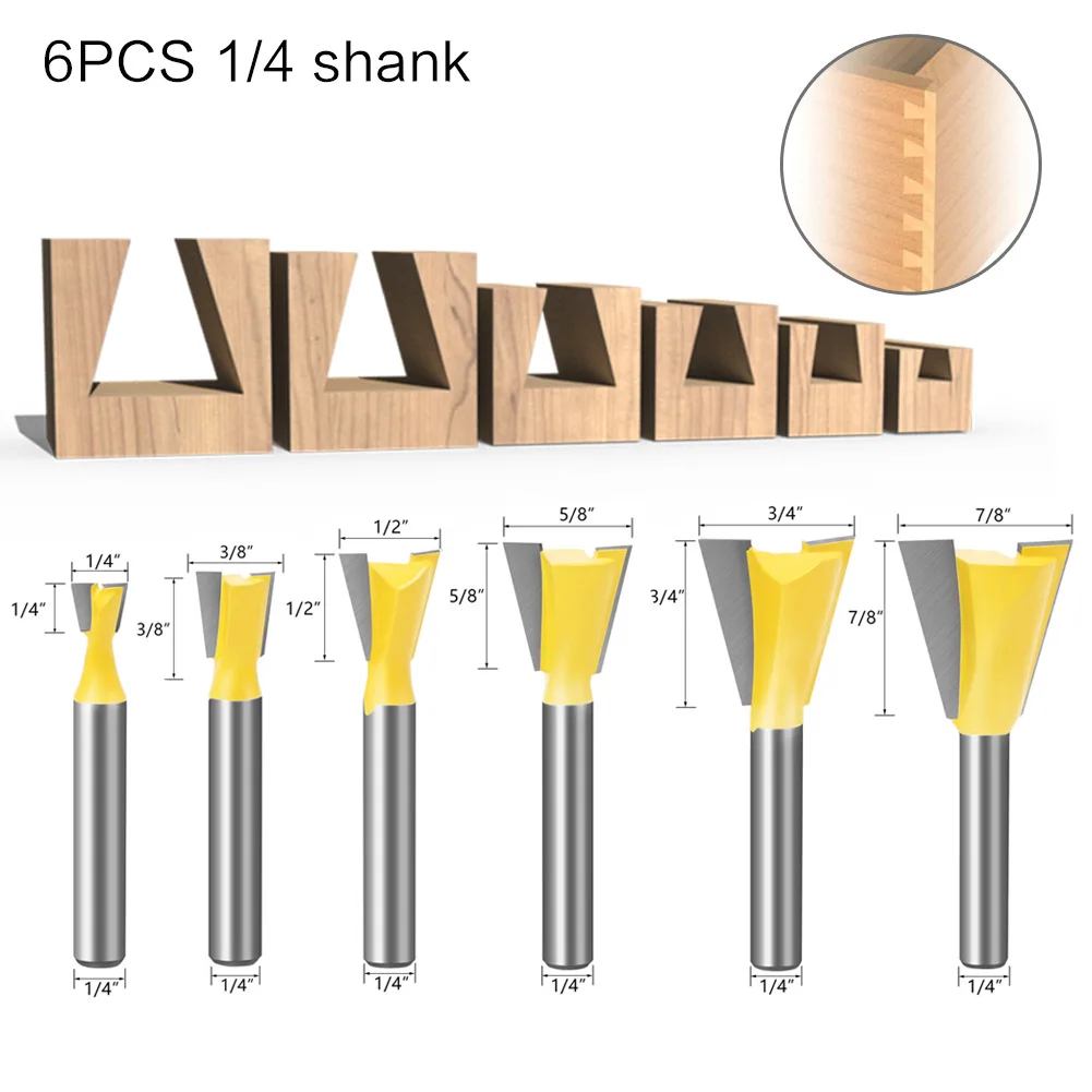 1 pz o 6 pz 6mm codolo 1/4 punte per Router a coda di rondine Set 3/8 ''1/2'' 5/8 ''3/4'' strumenti per la lavorazione del legno incisione per legno