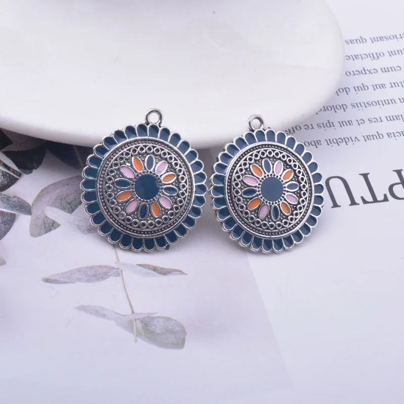 12pcs/lot 30*27mm  Alloy Ancient Silver plated Round Enamel Charms Ear Pendant DIY Bohemian Style  Jewelry Earring Components