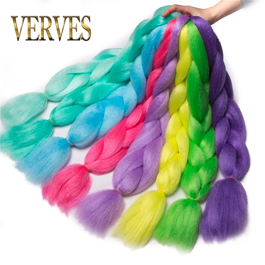 VERVES-Tresses Synthétiques Légères de 24 Pouces, Extensions de Cheveux Tressés Brillants dans le Noir, Rose et Vert