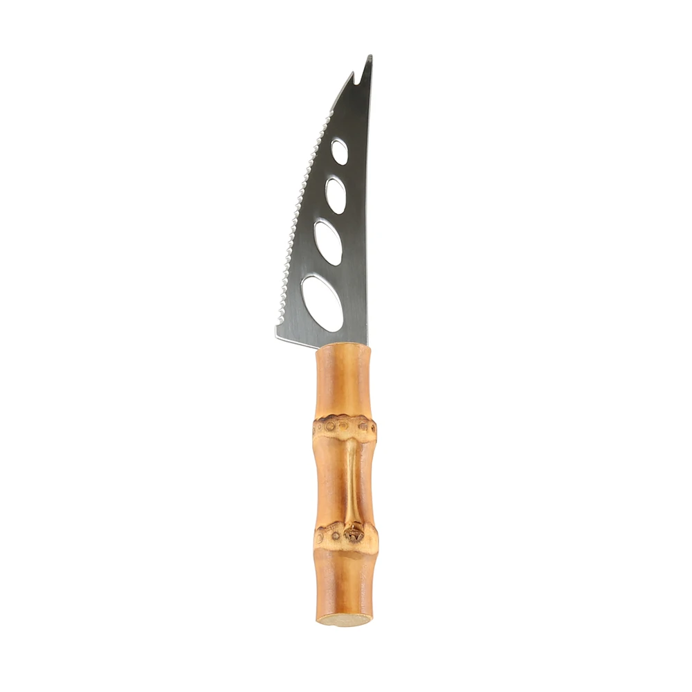 

Stainless Steel Serrated Hollowed Holes Bamboo Root Wooden Handle Toast Pizza Dessert Cake Cheese Bread Mini Small Forking Knife
