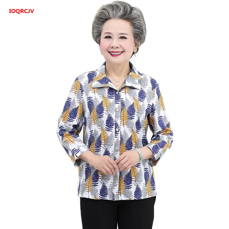 Middle-aged Old Mother's Print Shirt Summer Three Quarter Sleeve Thin Blouse And Tops Elegant Grandma Shirts Feminina Top W1959