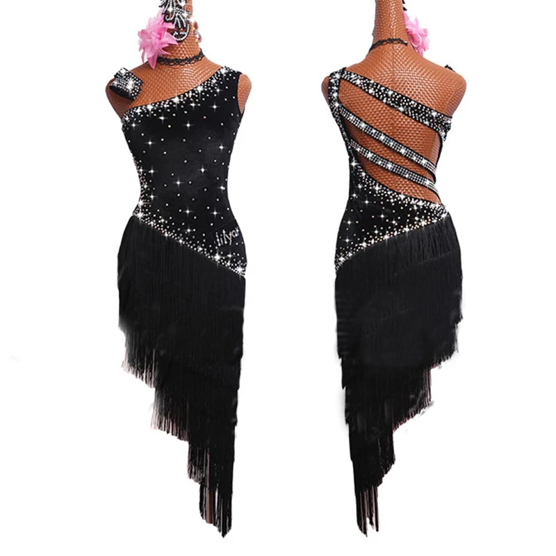 

Latin Dance Dresses For Women Black Fringe Shiny Rhinestone Backless Tango Salsa Ballroom Compete Latin Dance Costumes BL1279